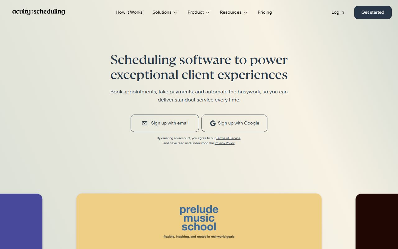 Acuity Scheduling's public homepage, captured automatically on October 15, 2026. Not a logged-in account; the page may have changed since.