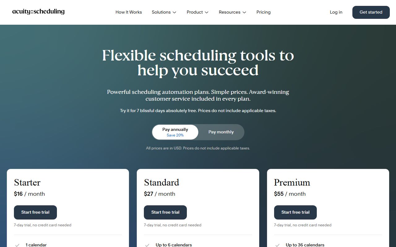 Acuity Scheduling's pricing page as captured on October 15, 2026. Prices and tier contents change; the live page is the source of truth.
