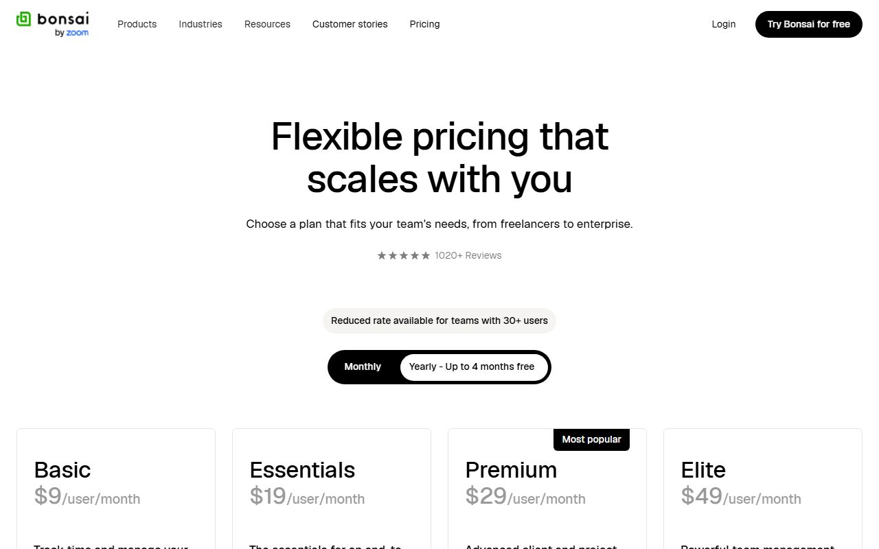 Bonsai's pricing page as captured on October 11, 2026. Prices and tier contents change; the live page is the source of truth.