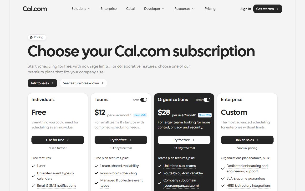 Cal.com's pricing page as captured on October 13, 2026. Prices and tier contents change; the live page is the source of truth.