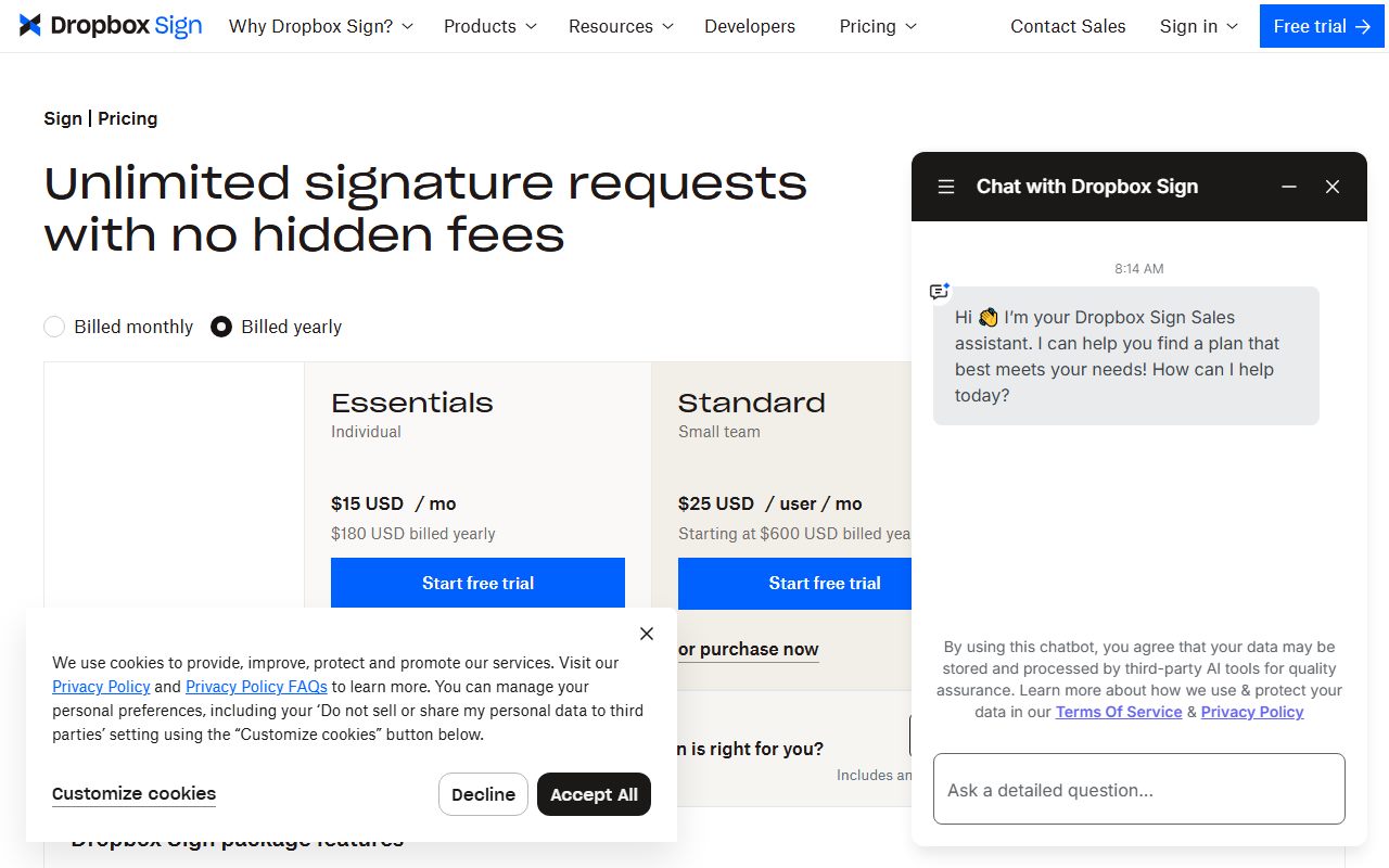 Dropbox Sign's public homepage, captured automatically on October 18, 2026. Not a logged-in account; the page may have changed since.