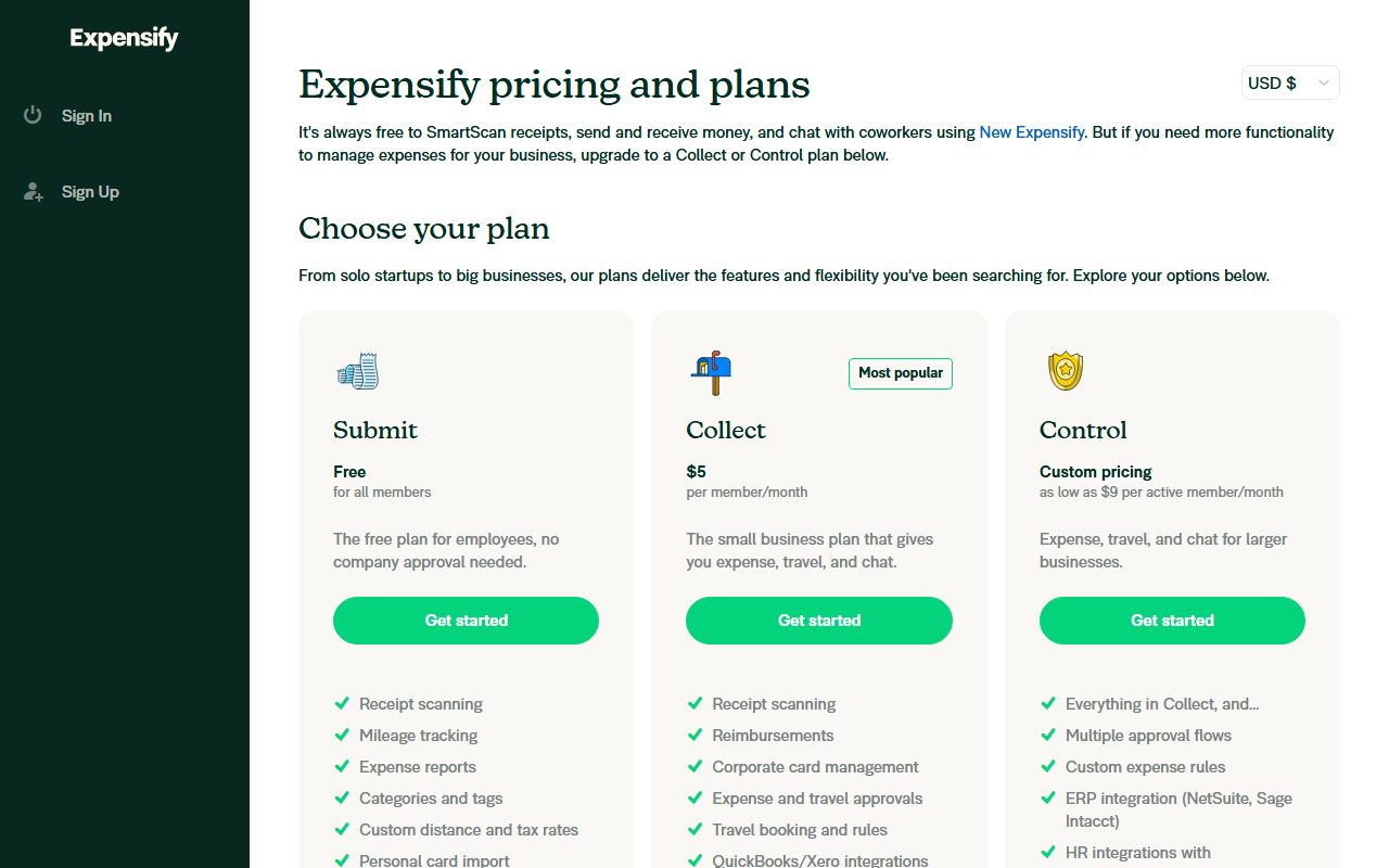 Expensify's pricing page as captured on October 19, 2026. Prices and tier contents change; the live page is the source of truth.