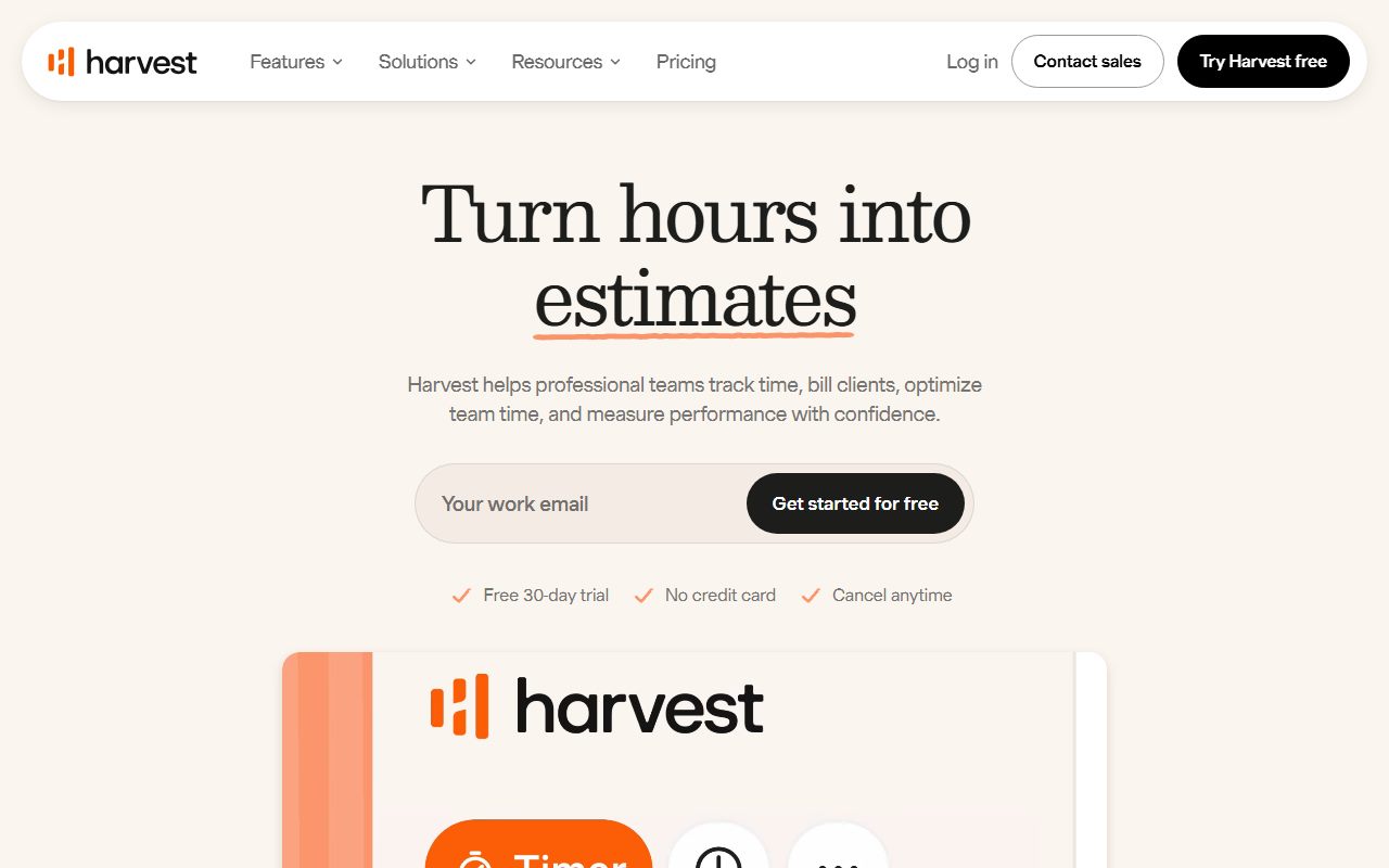 Harvest's public homepage, captured automatically on October 9, 2026. Not a logged-in account; the page may have changed since.