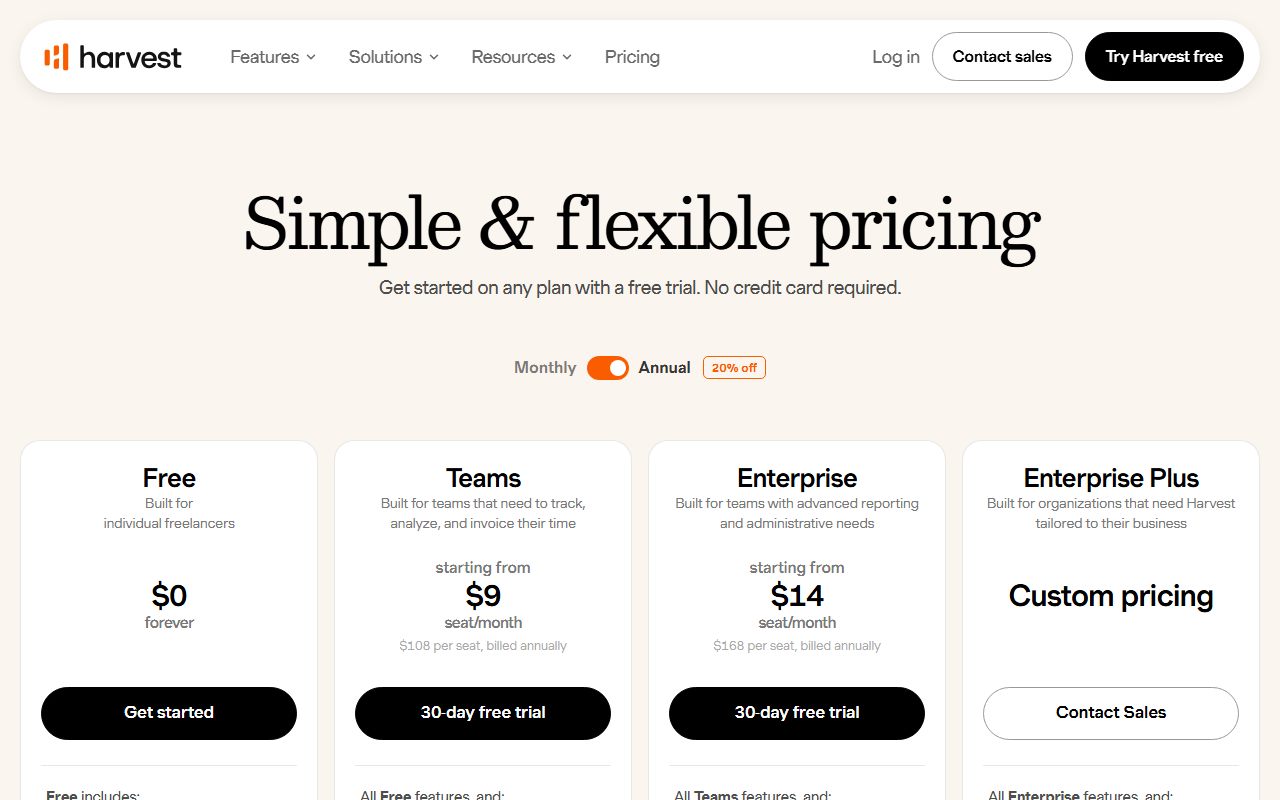 Harvest's pricing page as captured on October 9, 2026. Prices and tier contents change; the live page is the source of truth.